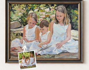May include: A framed oil painting depicts three children in white dresses reading outdoors. The artwork has a dark, ornate frame. The background features lush greenery and flowers, with a small inset image of the painting.