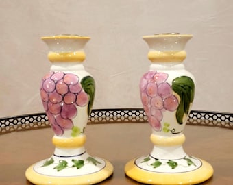 Vintage Bella Casa Ganz Ceramic Candlestick Holders – Hand-Painted Grapes Pair