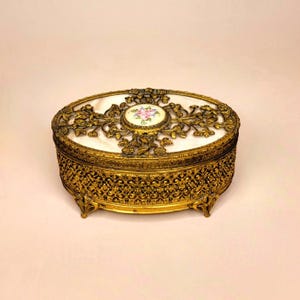 Antique Apollo Brass Jewelry Box: Floral Porcelain Plaque, Victorian Vanity Casket
