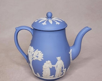 Vintage Wedgwood Jasperware Coffee Tea Pot, Blue Neoclassical Relief, Made England