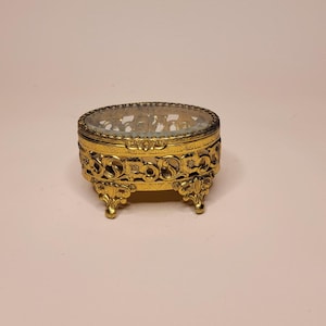Vintage Ormolu Glass Jewelry Casket Trinket Box  Oval Filigree Gold Tone Casket with Beveled Glass & Footed Base  Vanity Dresser Display Box