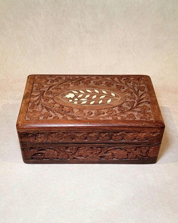 Vintage Hand Carved Wooden Trinket Box – Hand Painted Floral Keepsake Storage