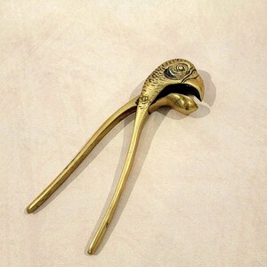 May include: A brass nutcracker shaped like a parrot head with a hinged jaw mechanism. The metal surface features engraved feather details and a prominent eye design on the side of the head, with two long, slender handles extending from the base.