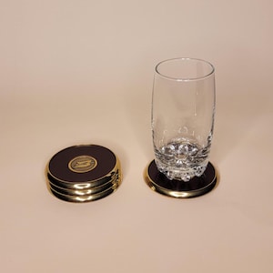 Vintage Brass & Faux Leather Coaster Set: Classic Barware