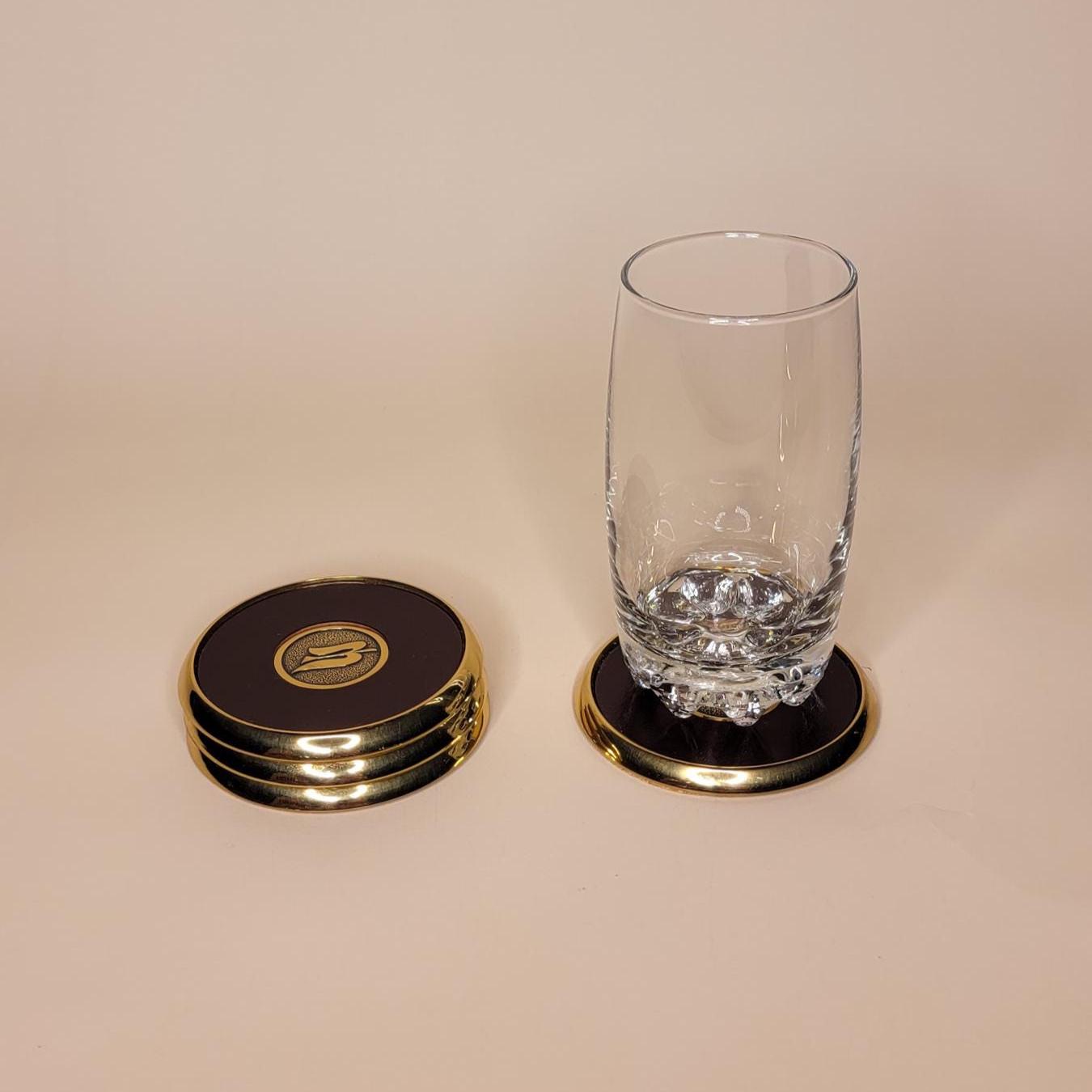 Vintage Brass & Faux Leather Coaster Set: Classic Barware