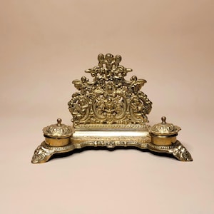 Antique Ornate Brass Double Inkwell with Pen Tray - Baroque Rococo Revival Desk Stand - Heavy Solid Brass - Collector Quality Writing Decor