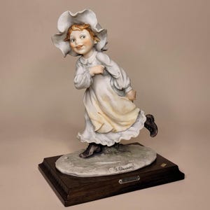 Vintage G. Armani Capodimonte Porcelain Figurine - Girl in Bonnet on Wooden Base