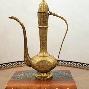 Vintage Engraved Brass Ewer Pitcher Indian Moroccan Boho Decor 11”