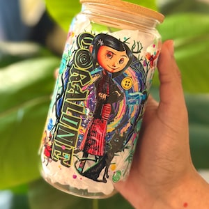 Button-eyed Halloween Movie 16oz Glass Tumbler UV DTF Print, Bamboo Lid & Metal Straw