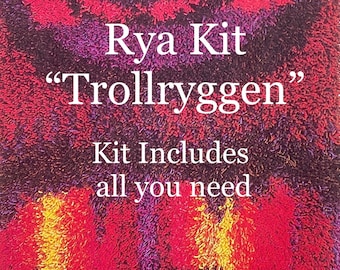 Rya Rug Kit. Large and colorful.  TROLLRYGGEN. Heritage Wool yarn & backing from Norway. 80 x 150 cm or +/- 32" x 59" Everything included.