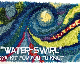 Rya Rug Kit named WATERSWIRL. DIY. Quality Virgin Wool yarn from Norway and USA, on Wool Backing. Instructions and Needles included