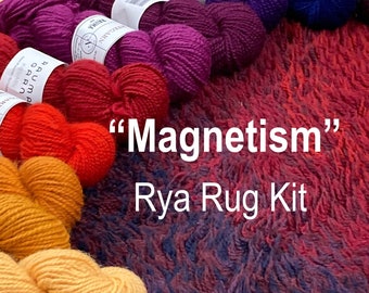 Rya Rug Kit "Magnetism" Designed by Melinda Byrd in 1979.  Heritage Sheep Wool yarn, Wool & Linen backing.  24" wide x 43" long