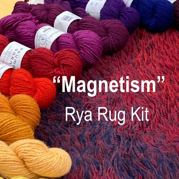 Rya Rug Kit "Magnetism" Designed by Melinda Byrd in 1979.  Heritage Sheep Wool yarn, Wool & Linen backing.  24" wide x 43" long