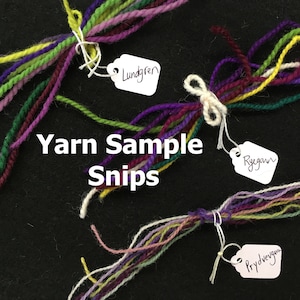 May include: Yarn sample snips in various colors, including green, purple, yellow, and burgundy, are tied together with white string and labeled with handwritten tags. The text "Yarn Sample Snips" is displayed in white letters.