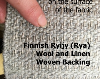 Finnish Rya (Ryijy) Rug backing. 31.5 inches wide. 80 cm. Wool and Linen. Hemmed to the length you request. Made by Taito Pirkanmaa Oy