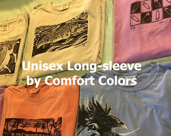LONG-SLEEVE Unisex Shirt. Hand-printed Shirts. Original Woodcuts and Linocut. 100 percent cotton. Choose between Many Designs! Last call!