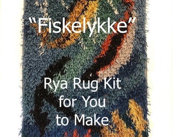 Rya Rug Kit from Norway called Fiskelykke  Sheep Wool yarn, Wool & Linen backing, all you need.  60 x 110 cm or 23" x 43"