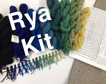 Make Your Own Rya Rug Kit from Norway called "ILD" in Blue-Greens or Reds-Oranges  Heritage Sheep Wool yarn, Wool backing, all you need.