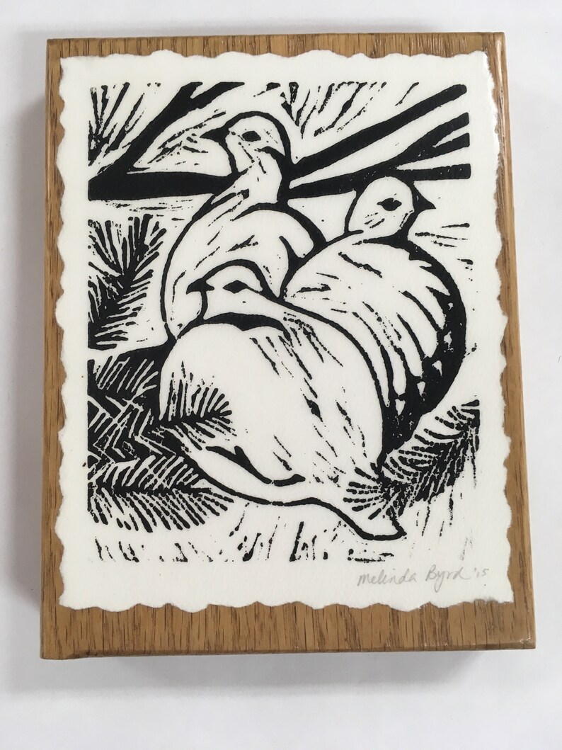 Original Hand-Rubbed Print No frame required Three Ptarmigans linocut print Mounted on Oak