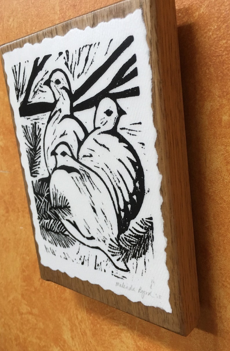 Original Hand-Rubbed Print No frame required Three Ptarmigans linocut print Mounted on Oak
