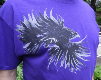 Raven in Flight Unisex T-shirt -- Original ink painting silkscreened. 100 percent preshrunk cotton