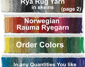 Ryegarn. Rya Rug Yarn. Page 2. Rauma Ryegarn, Norwegian Wool Rug Yarn.  Mostly Blues, purples, reds. See page 1 also.