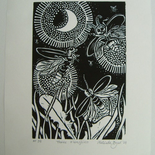 Linocut THREE FIREFLIES Original Print by Melinda Byrd offers