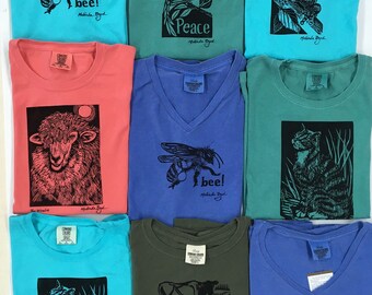 Size LARGE LADIES Hand-printed T-Shirts from Original Woodcuts and Linocut 100 percent cotton. Choose between 10 Designs!