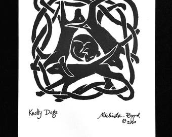 ON SALE-- 8 Celtic Knotty Dogs Notecards, Knotty Dog Greeting Cards. Set of 8 cards from my Original Linocut 5x7 Black and White.