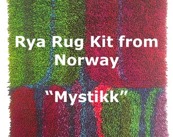 Rya Rug Kit from Norway MYSTIKK in Rich purples and greens Spaelsau Wool, Wool & Linen backing.  80 x 120 cm or 31.5" x 47.2"