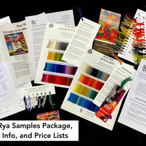 May include: A collection of Rya rug-making supplies, including graph paper, sample cards with color swatches, and information sheets. The image features various printed materials with text and color samples, along with a bookmark that says "Knot on!"