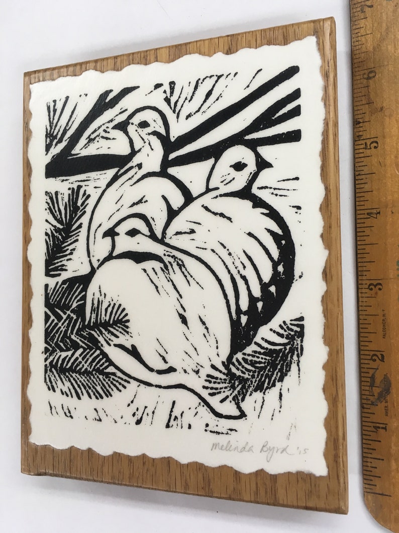 Original Hand-Rubbed Print No frame required Three Ptarmigans linocut print Mounted on Oak