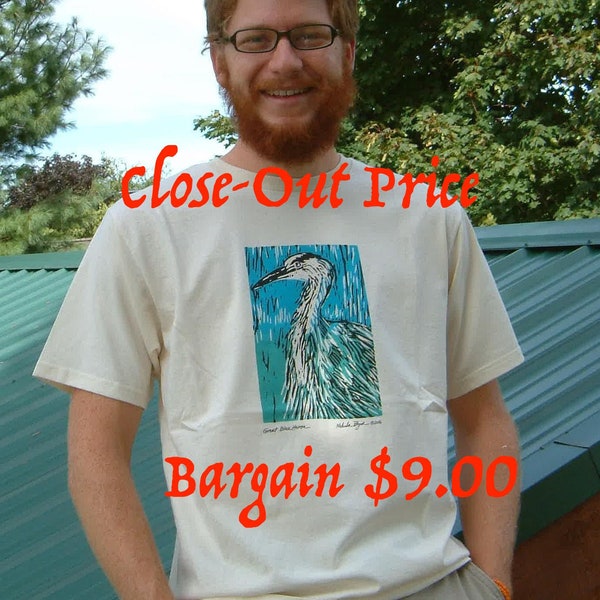 BARGAIN Price  Organic Unisex Cotton T-shirt with Great Blue heron Linocut image silk-screened on shirt front