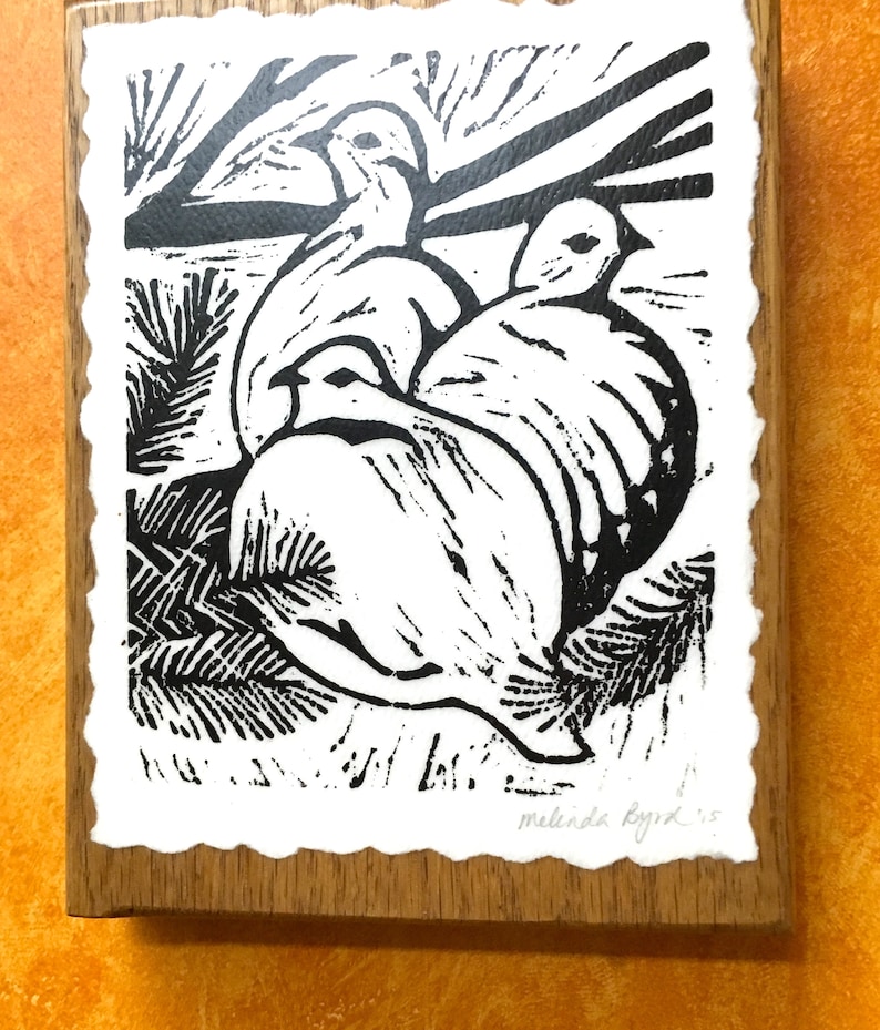 Original Hand-Rubbed Print No frame required Three Ptarmigans linocut print Mounted on Oak