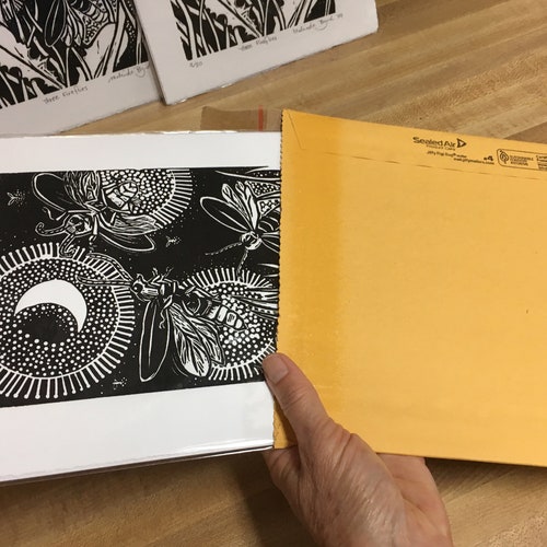Linocut THREE FIREFLIES Original Print by Melinda Byrd offers