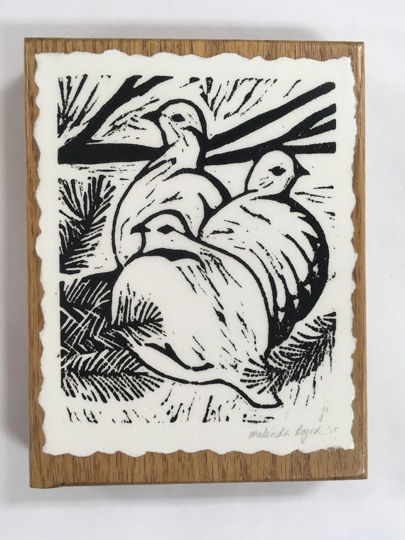 Original Hand-Rubbed Print No frame required Three Ptarmigans linocut print Mounted on Oak