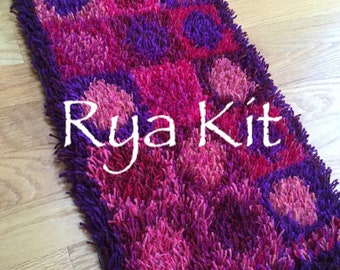 Rya Rug Kit. DIY Midcentury Modern Craft "Checkerboard & Circles" in Purple-Pinks or Blue-Greens. All supplies, directions, graph.