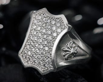 Sterling Silver Fleur-de-Lis Shield Ring | Lab Diamond Pave