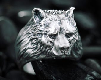 Sterling Silver Bear Head Ring | Detailed Wildlife Statement Band