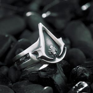 Op de afbeelding: Een zilverkleurige metalen ring met een puntig, schildvormig embleem met een centraal fleur-de-lis motief. De band heeft een getextureerde, donkere afwerking aan de zijkanten, wat contrasteert met het gepolijste, gladde oppervlak van het embleem.