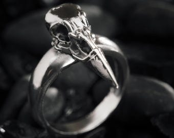 Anillo de calavera de cuervo de plata de ley con diseño de pico hueco