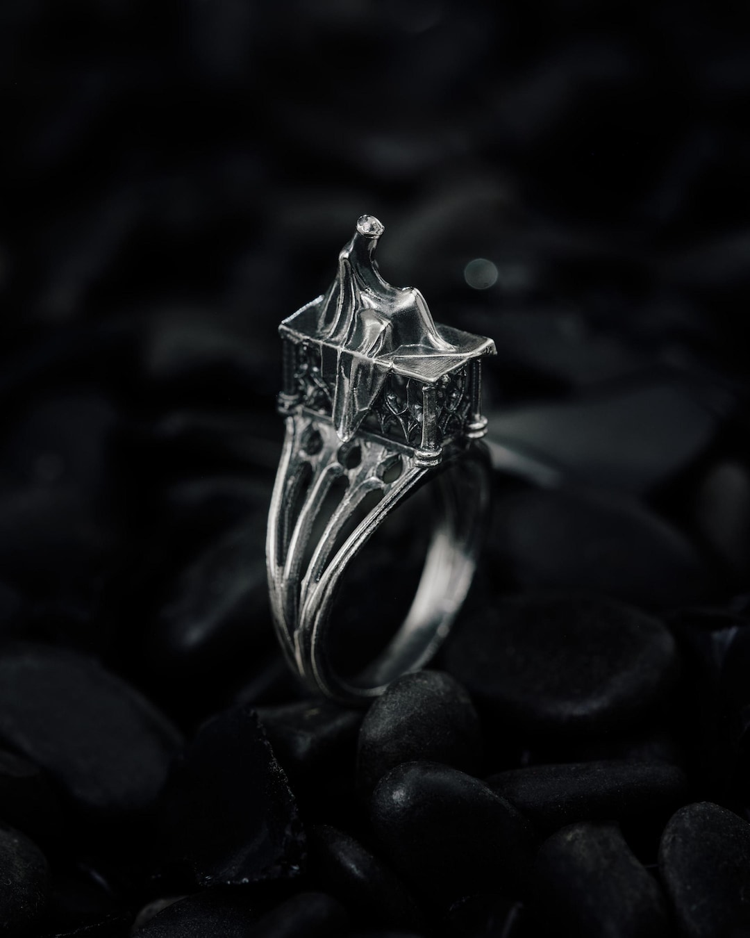 Veiled Ghost Woman Ring | Gothic Cathedral Tracery Band | Sterling ...