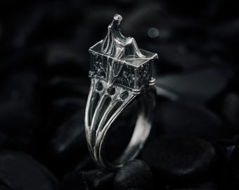 Veiled Ghost Woman Ring | Gothic Cathedral Tracery Band  | Sterling Silver Dark Fantasy Piece