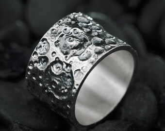 Oxidized Sterling Silver Lunar Ring | Cratered Moon Landscape Band