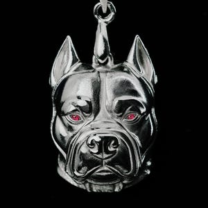 Puede incluir: Colgante plateado con forma de cabeza de perro, con ojos de piedras preciosas rojas. El colgante es muy detallado, con un acabado pulido y un lazo para una cadena.