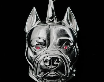 Sterling Silver Pitbull Pendant | Ruby-Eyed Dog Portrait Necklace