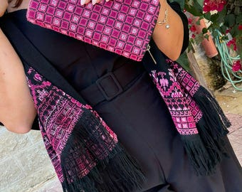 Handmade Tatreez Embroidered Linen Shawl and Wristlet Set, Palestinian Gift, Mother's Day Gift