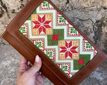 Hand Stitched Tatreez Embroidered Leather Shoulder Bag