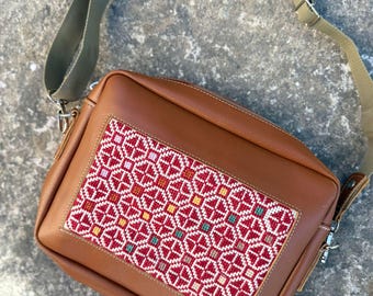 Hand Stitched Leather Crossbody Bag with Tatreez Embroidery, Palestinian Purse