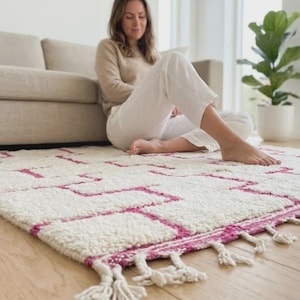 Abstract Stepped Brick Pattern,  White and Magenta Purple Wool Carpet, Handmade Moroccan Rug,  Contemporary Geometric Scandi Boho Area Rug
